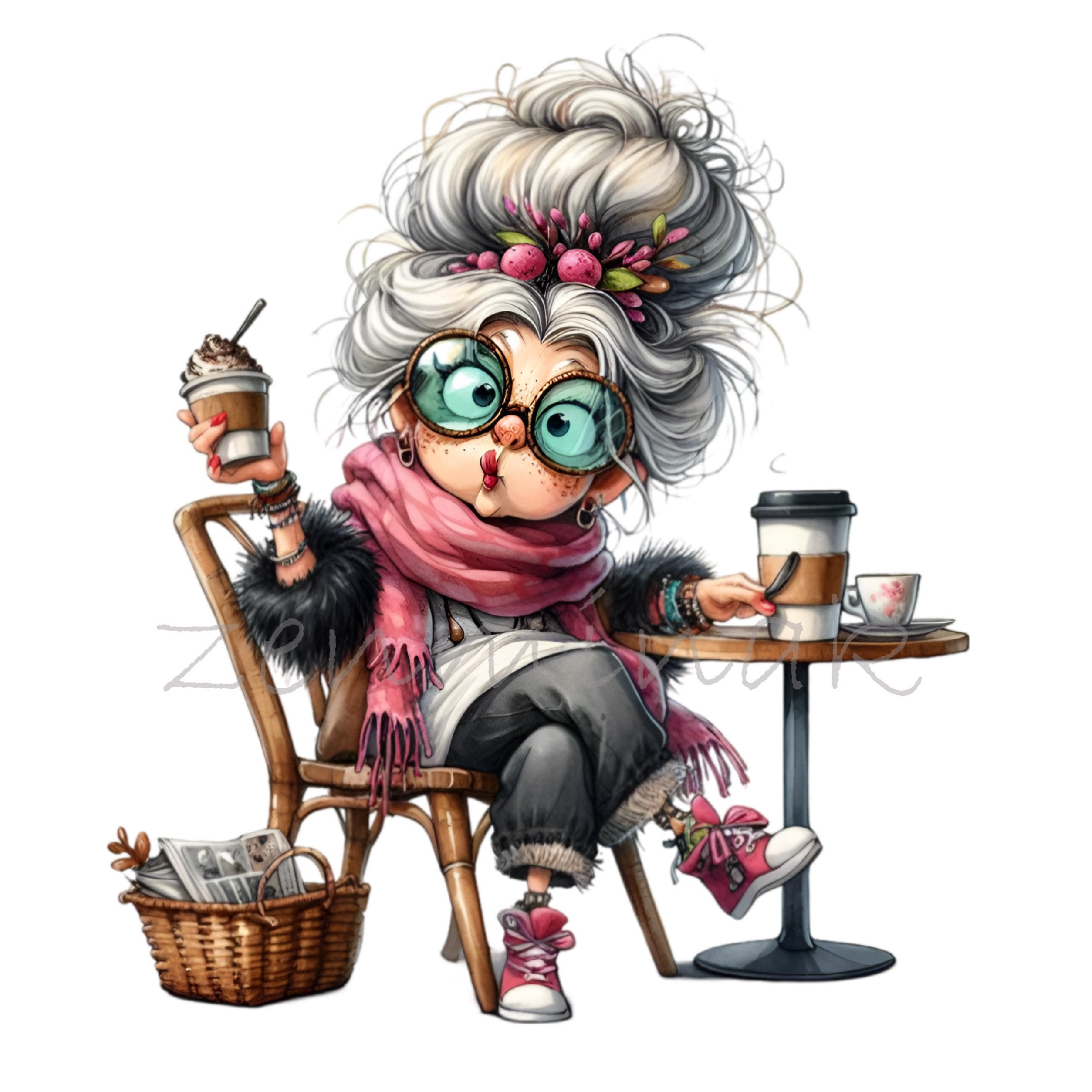 Senior Lady Drinking Coffee 14 PNG Funny Comics Fashion Grandma Cartoon ...