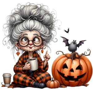 14 divertenti clipart PNG della nonna di Halloween, donna anziana spettrale con caffè e zucca, illustrazione di pipistrello stravagante, arte autunnale