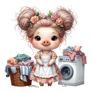 12 lindos cerdos clipart PNG, adorable cerdito lavando la ropa, ilustración caprichosa de animales de granja, arte de dibujos animados de tareas domésticas vintage