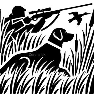 4 SVG Anatra Caccia Scena SVG – Cacciatore con Cane e Anatra in Palude File di Taglio – Silhouette all'Aperto Clipart per Artigianato e Decalcomanie di Uccelli Acquatici