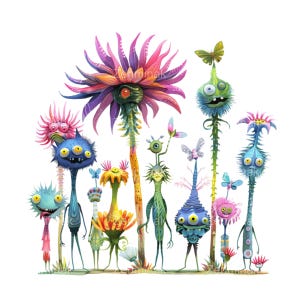 16 fleurs originales Clipart PNG, illustration florale fantaisiste, art jardin fantastique amusant