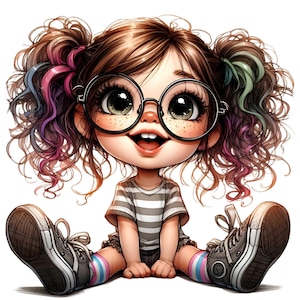 12 PNG Clipart di una ragazza carina - PNG di una bambina dai capelli ricci con occhiali e scarpe da ginnastica - Divertente stile cartone animato per lavoretti per bambini e decorazioni per la sala giochi