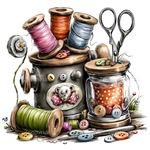 Puede incluir: Ilustración de artículos de costura, que incluyen carretes de hilo rosa, naranja y azul, un tarro con lunares rojos, botones y tijeras. También se ve un carrete de hilo verde y un pequeño oso.