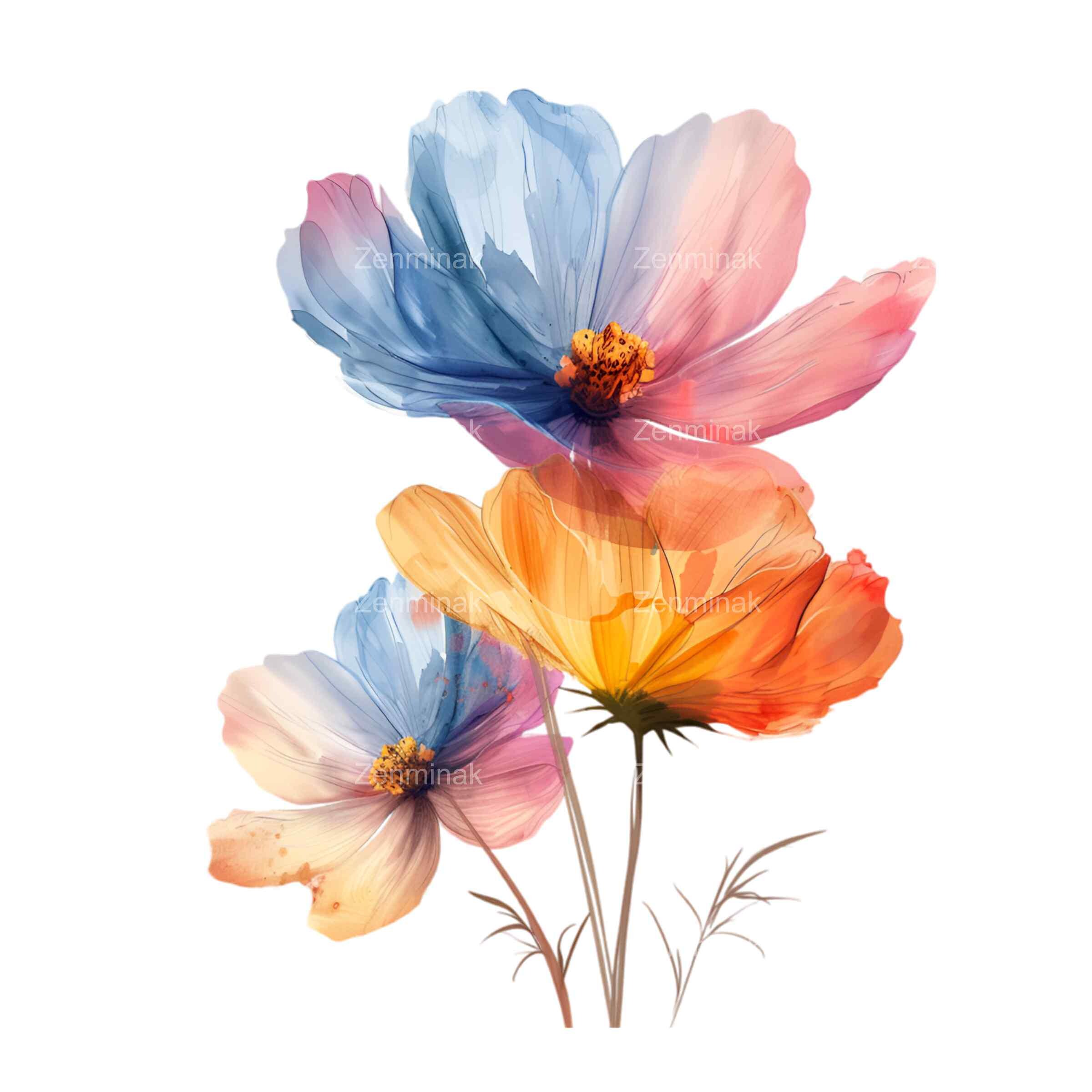 17 水彩画の花のPNGクリップアート – 青、ピンク、オレンジ、紫の色調