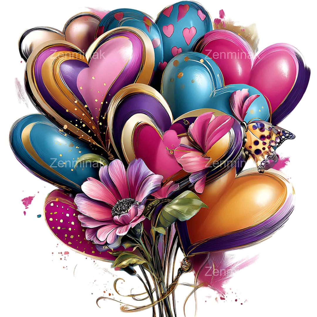 15 PNG Heart Balloon Bouquet Clipart With Flowers and Butterfly