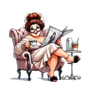 16 imágenes PNG de mujer con curvas leyendo, imágenes prediseñadas de café y periódico, arte de dibujos animados femeninos para diarios y proyectos de bricolaje