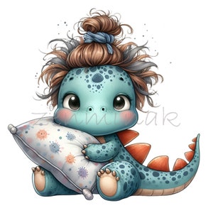 12 schattige dinosaurus met kussen PNG-clipart – blauwgevlekte dino, rommelige knot, grote ogen, slaperige pose, schattige kunst voor het slapengaan