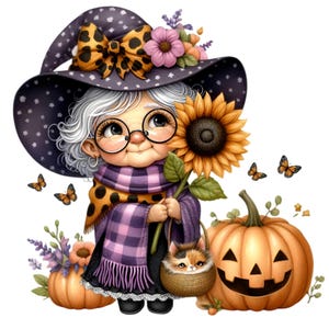 12 uroczych clipartów PNG z okazji Halloween – kapelusz czarownicy, słonecznik, dynie, kot w koszyku, motyle, sztuka kostiumów jesiennych