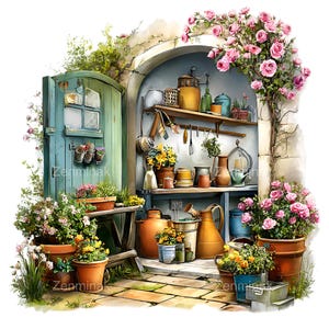 May include: A watercolour illustration of a garden shed with a teal door, shelves, and gardening tools. Potted flowers in terracotta pots and climbing pink roses decorate the scene. A charming, inviting garden setting.