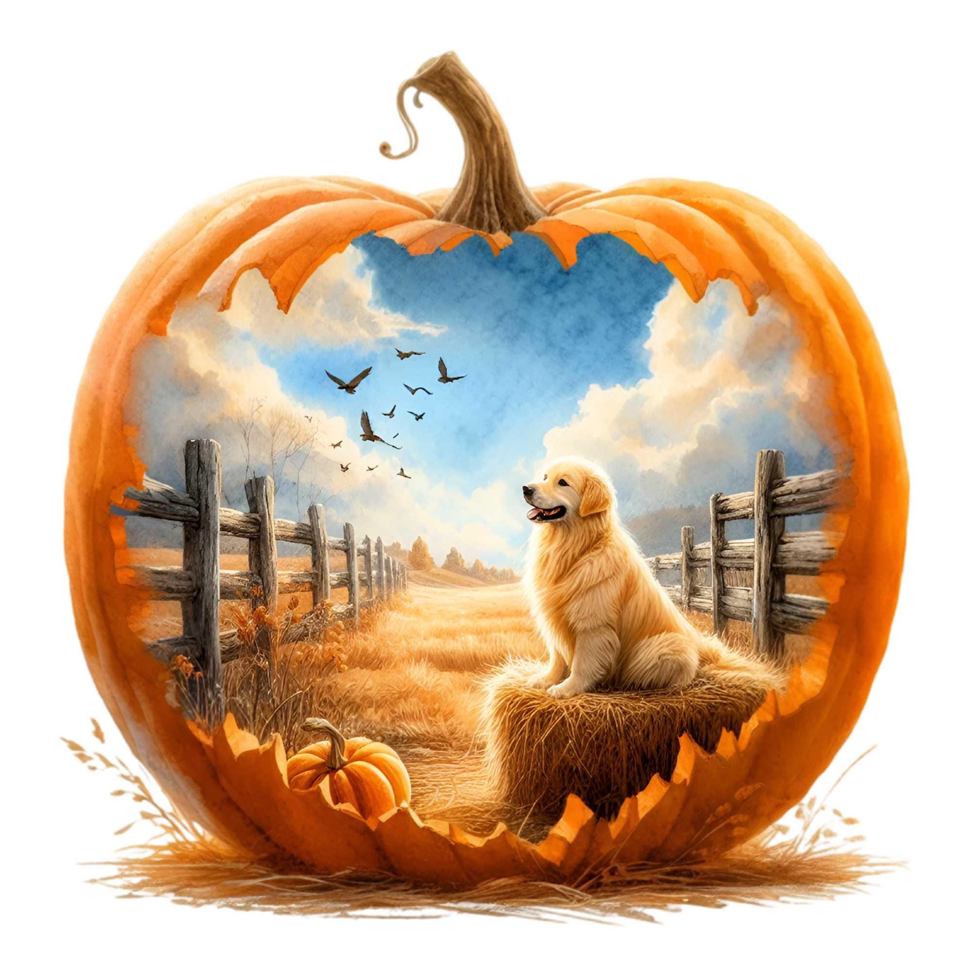 15 PNG Golden Retriever Pumpkin Fall Dog Clipart, Autumn Leaves - Etsy
