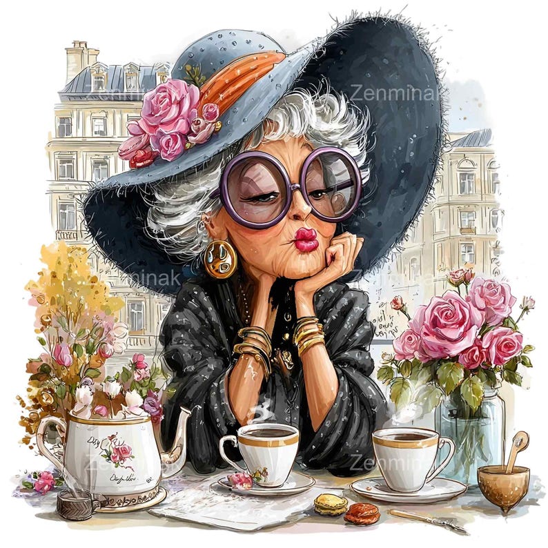 14 PNG Funny Senior Lady Clipart, Paris Cafe Coffee Illustration - Etsy