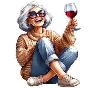 Donna anziana chic con vino Clipart, 18 nonna elegante PNG, anziana alla moda con un bicchiere di vino rosso, stampa d'arte digitale