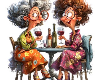 15 imágenes PNG divertidas de mujeres mayores bebiendo vino, descarga digital de Friends