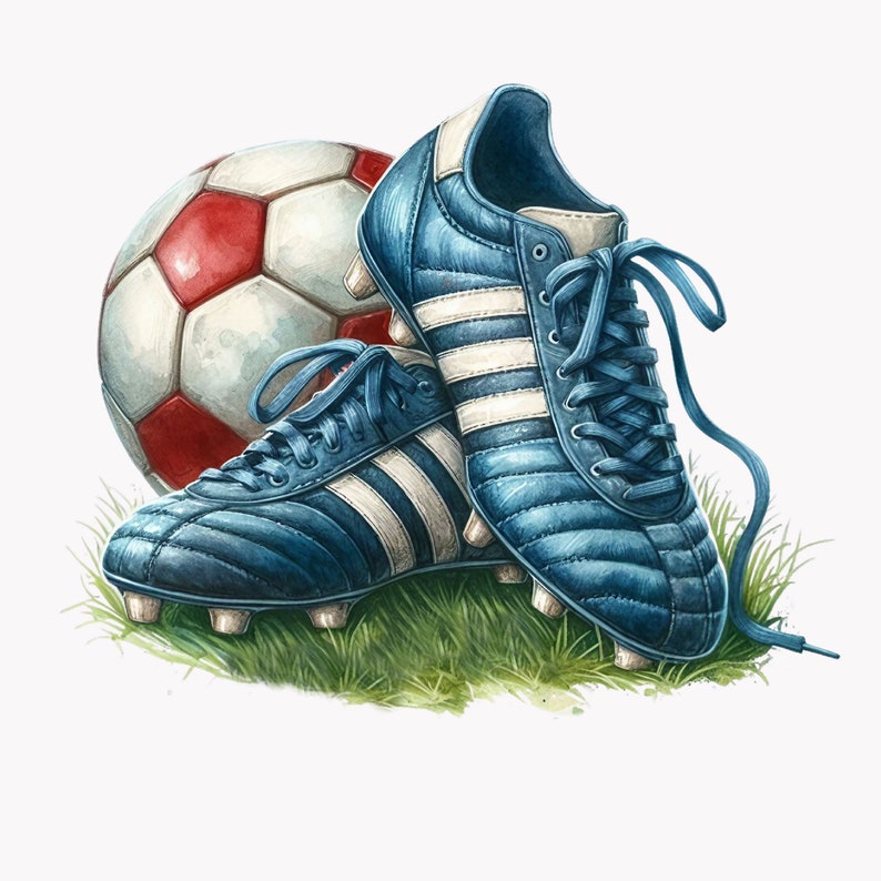 Puede incluir: Un par de botas de f&uacute;tbol azules con rayas blancas, sentadas sobre hierba verde junto a un bal&oacute;n de f&uacute;tbol rojo y blanco.