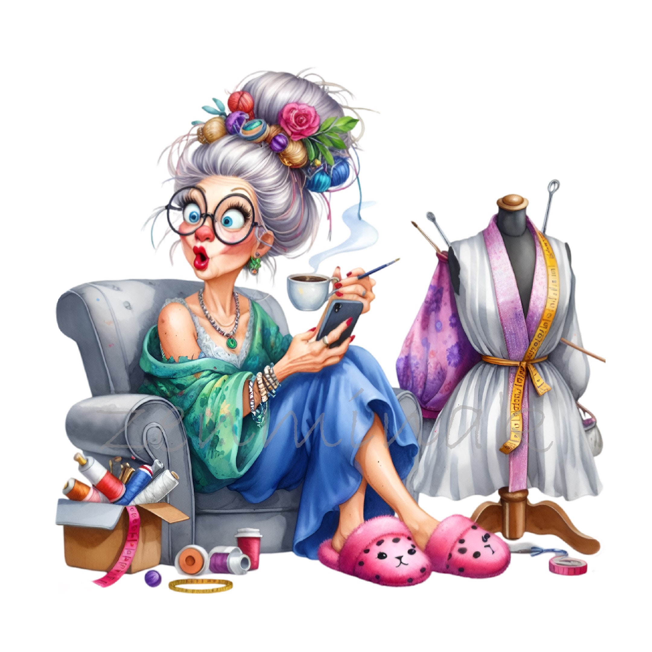 Crafting Grandma 12 PNG Clipart | Fun Granny With Coffee and Sewing ...