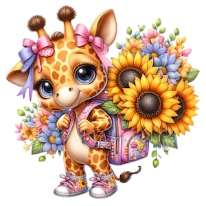 10 adorables girafe PNG avec sac à dos et tournesols - Clipart aquarelle fantaisiste pour travaux manuels et décoration de chambre d'enfants