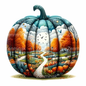 15 Clipart PNG di zucche autunnali, scena di paesaggio autunnale all'interno di una zucca, percorso stravagante con alberi e lampioni