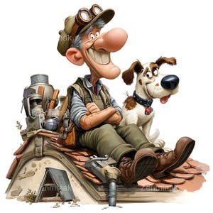 Könnte beinhalten: Cartoon-Illustration eines lächelnden Mannes mit großer Nase, Brille und Mütze, der mit einem Hund auf einem Dach sitzt. Der Hund hat braune Flecken und ein schwarzes Halsband. Werkzeuge und Ausrüstung sind sichtbar.