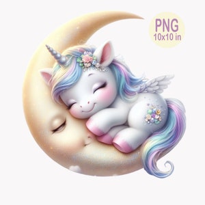 10 PNG 月のユニコーン クリップアート – PNG 三日月の上で眠るベビーペガサス ユニコーン – 保育園や赤ちゃんのインテリアに最適なパステル ファンタジー アート