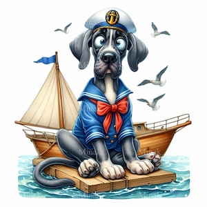 12 Clipart PNG di cane marinaio, divertente alano in uniforme nautica con barca, gabbiani e scena di mare, carina arte di animali domestici