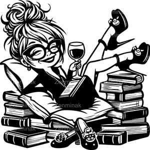 May include: Black and white illustration of a woman relaxing in a chair with a glass of wine and a stack of books. She is wearing glasses and has her hair pulled back in a bun.