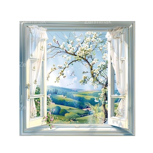 15 PNG printemps campagne fenêtre PNG Clipart, arbres en fleurs et illustration de vertes collines, art de rideau en dentelle vintage, téléchargement numérique