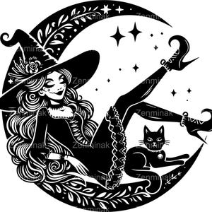 5 SVG Sorcière sur la lune SVG - Sorcière élégante aux cheveux longs, chapeau pointu et chat - Fichier de coupe magique Halloween