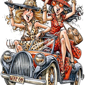 Può includere: Un'illustrazione colorata di due figure con cappelli da strega e abiti, uno giallo a pois e l'altro rosso a pois, a bordo di un'auto decappottabile vintage arancione e nera con la targa che riporta la scritta WAP 6N.