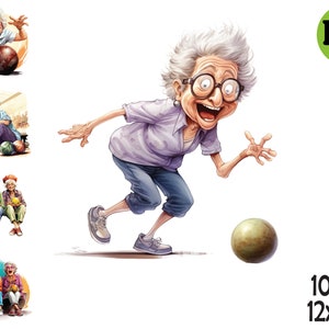 Bowling Party Clipart Illustration, Watercolor Funny Old Lady