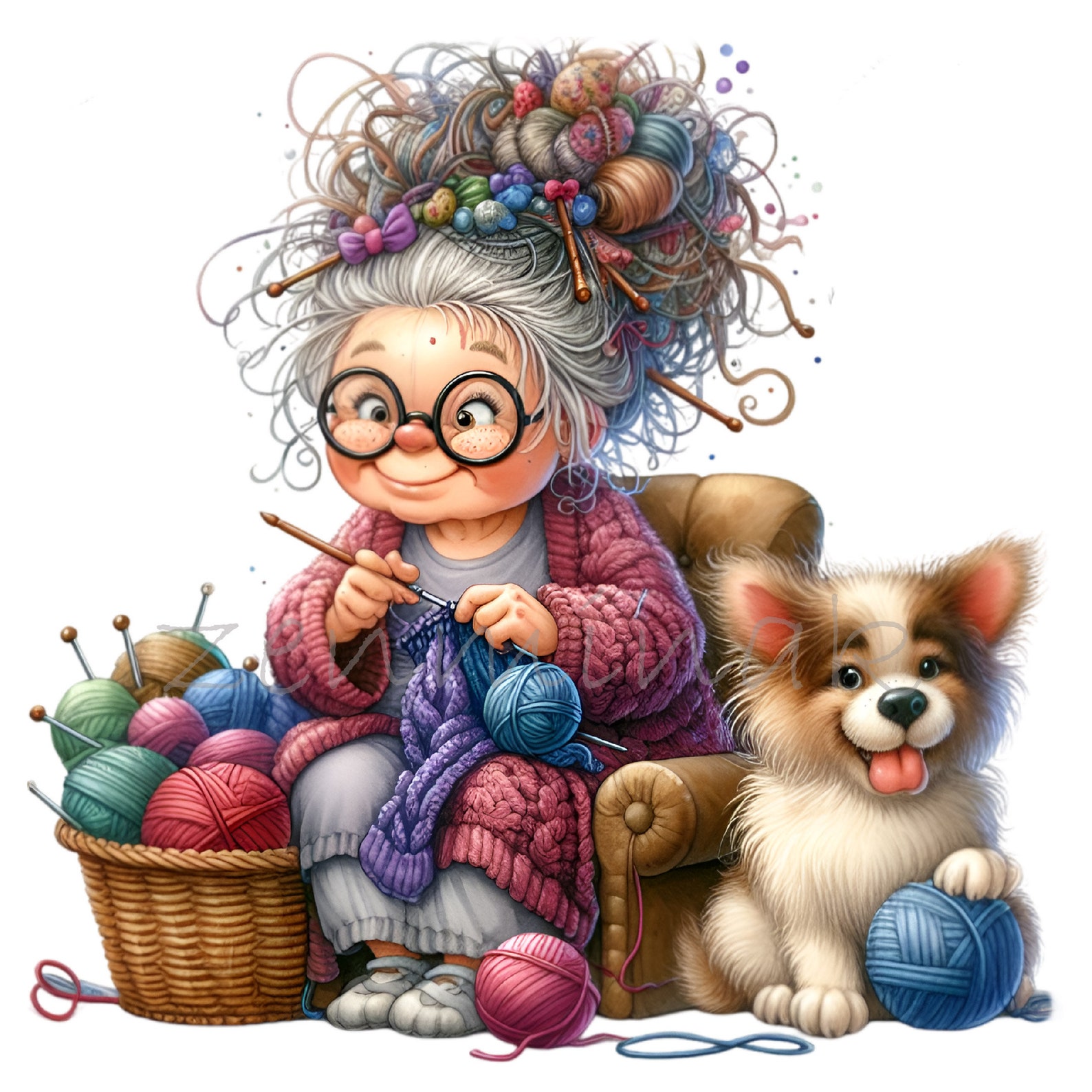 12 PNG Knitting Grandmother With Puppies, Watercolor Yarn Art - Etsy