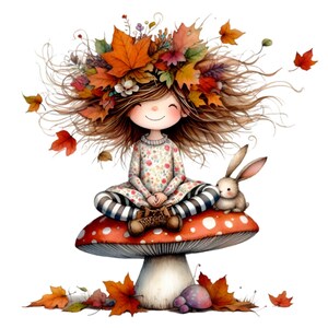 15 Clipart di ragazze autunnali PNG, bambino carino con corona di foglie seduto su un fungo con coniglietto, arte stravagante del bosco autunnale