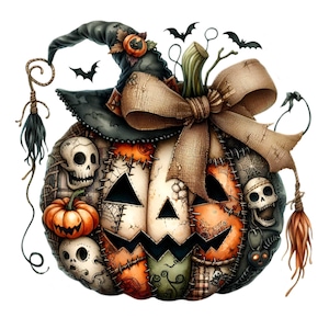 Clipart di zucca di Halloween spettrale PNG, 15 Jack-o'-Lantern patchwork con teschi e cappello da strega, arte digitale gotica
