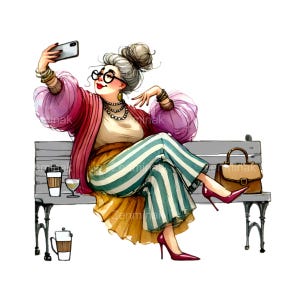 15 élégantes grand-mère prenant un selfie PNG, clipart de dessin animé senior à la mode, illustration numérique pour travaux manuels et sublimation