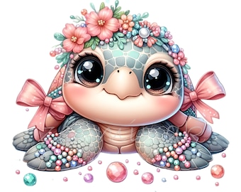 15 PNG Baby Sea Turtle, Floral Pink Bow Ocean Clipart