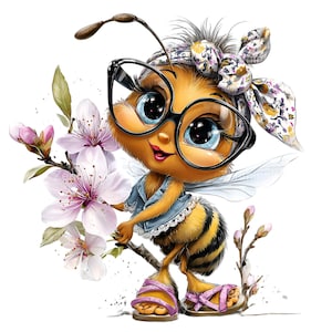 Könnte beinhalten: Eine skurrile Illustration einer Biene mit Brille, einem floralen Stirnband und einer Jeansjacke. Die Biene hält einen Zweig mit rosa Blüten und trägt rosa Sandalen. Die Biene hat große blaue Augen und einen lächelnden Ausdruck.