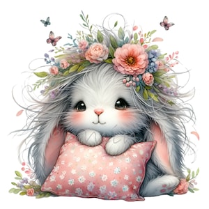 15 PNG Lapin floral PNG Clipart – Lapin mignon avec couronne de fleurs et coussin – Art animalier printanier pour travaux manuels, autocollants et décoration de chambre d'enfants