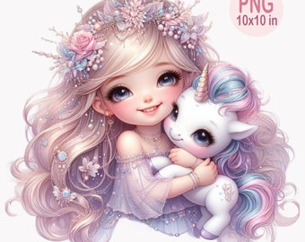 May include: A young girl with long blonde hair wearing a flower crown and a light purple dress holds a white unicorn with blue and pink hair.