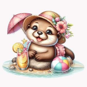 Peut inclure: Une adorable loutre de dessin animé portant un chapeau de paille avec des fleurs roses, tenant un ballon de plage rose et bleu et un verre de limonade avec une paille. La loutre est assise sur un rocher dans l'eau.