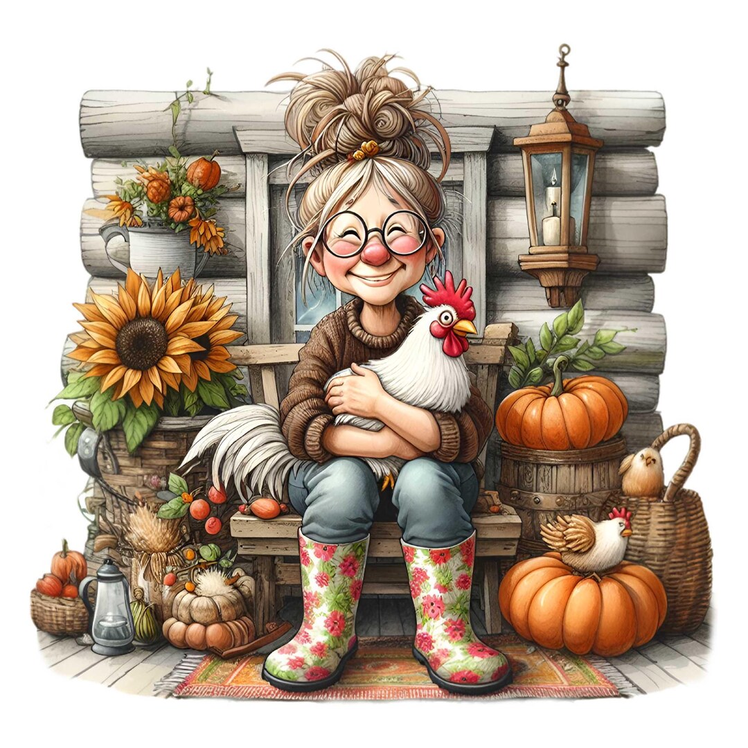 12 PNG Fall Chicken Grandma, Messy Bun Woman Autumn Farmhouse - Etsy