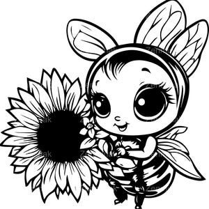 4 abejas con girasol SVG, lindo clipart de dibujos animados para Cricut, adorable diseño de abejorro para manualidades y proyectos de bricolaje