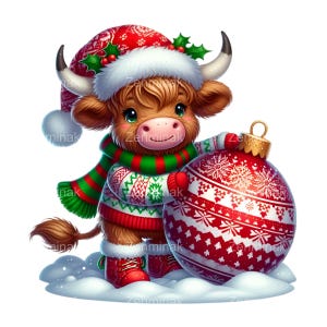 15 PNG Mucca delle Highland di Natale - Simpatica mucca con maglione rosso e cappello da Babbo Natale con ornamento, clipart invernale festiva per sublimazione e biglietti