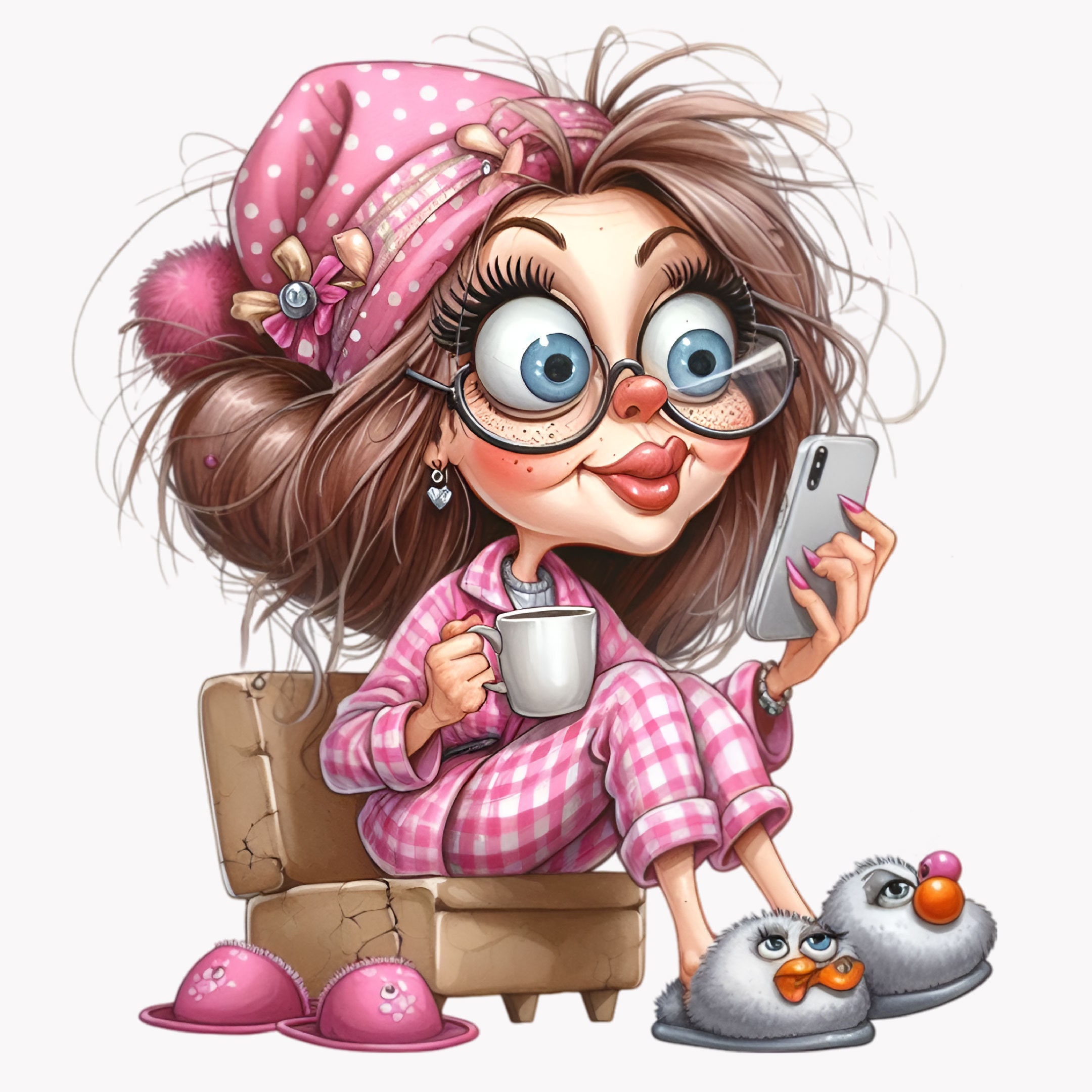 10 PNG Trendy Granny PNG Clipart – Funny Old Lady With Coffee and Phone ...