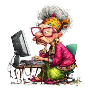 Puede incluir: Ilustración de dibujos animados de una persona mayor con cabello gris, que lleva un pañuelo amarillo, gafas rosas y una chaqueta rosa, sentada frente a una computadora. La persona está escribiendo en el teclado, con una expresión concentrada. La imagen tiene un estilo caprichoso y de dibujos animados.