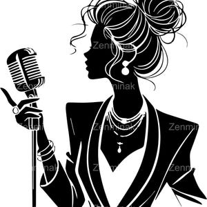 5 elegantes siluetas de cantantes SVG, imágenes prediseñadas de mujer con micrófono retro, diseño de vocalista femenina para manualidades con temática musical