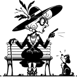 5 SVG Funny Granny Scolding Dog SVG Cut File - Dramatic Elderly Lady on Bench Clipart - Quirky Vintage Cartoon Design