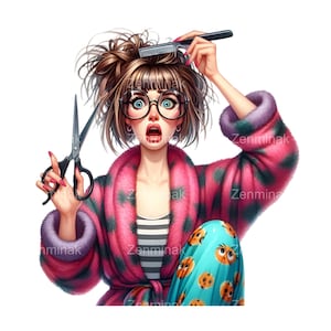14 Clipart PNG drôle de coupe de cheveux, femme hilarante coupe les cheveux, art de dessin animé de coiffure folle, téléchargement numérique