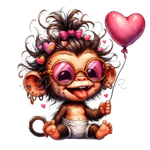 Adorabile scimmietta con palloncino a forma di cuore PNG - 15 simpatici cartoni animati Clipart d'amore - Arte animale di San Valentino
