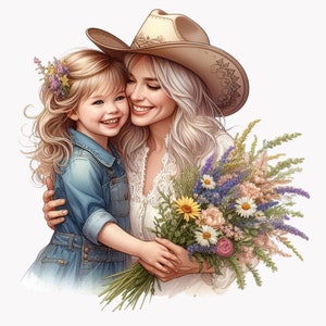 10 imágenes prediseñadas de madre e hija, abrazo de madre e hija con sombrero de vaquero, ramo de flores silvestres, arte de estilo campestre