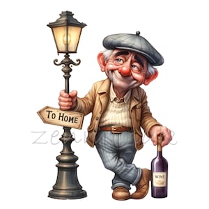 Ensemble de cliparts grand-père drôle avec une bouteille de vin rouge - 15 PNG haute résolution pour projets d'art numérique, travaux manuels et scrapbooking