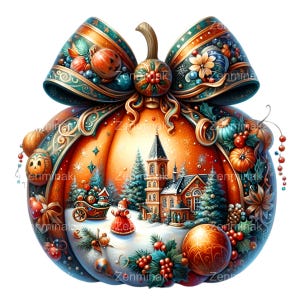 Scena di zucca di Natale PNG - 15 Zucca festiva con villaggio invernale, elegante decorazione natalizia Clipart, arte stagionale